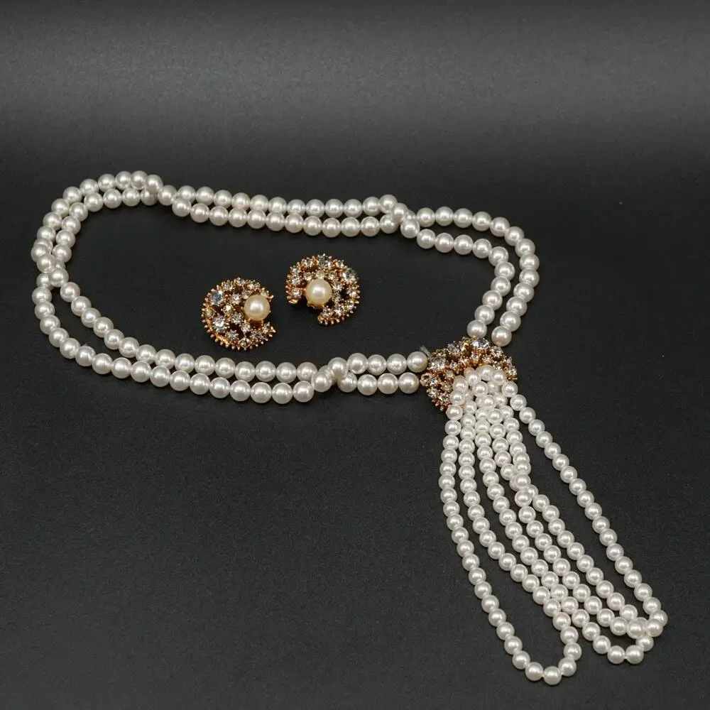 Vintage Hattie Carnegie 1940s Faux Pearl Rhinestone Necklace Earring Set Tassel